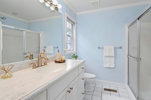44 Village Ct Unit 44, Wilton, CT 06897 - bathroom featuring vanity, a shower stall, toilet, crown molding, and tile patterned flooring