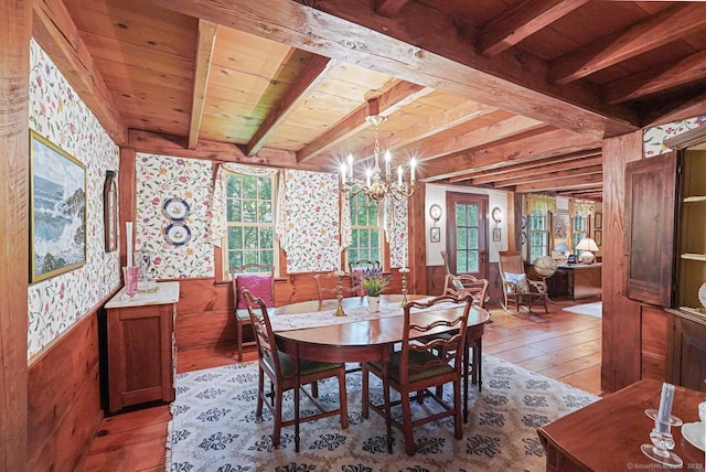 9 Pheasant Ln, Brooklyn, CT 06234 - dining area featuring light wood-style flooring, a wainscoted wall, wallpapered walls, a chandelier, and wooden ceiling with exposed beams