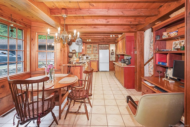 9 Pheasant Ln, Brooklyn, CT 06234 - dining room featuring wooden ceiling with exposed beams, a chandelier, and light tile patterned floors