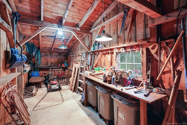 9 Pheasant Ln, Brooklyn, CT 06234 - miscellaneous room featuring a workshop area, lofted ceiling, concrete flooring, wooden walls, and wood ceiling