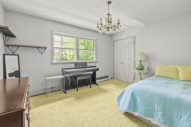 9 Meadowbrook Rd, New Fairfield, CT 06812 - bedroom featuring light carpet, baseboard heating, a chandelier, a baseboard heating unit, and a textured ceiling