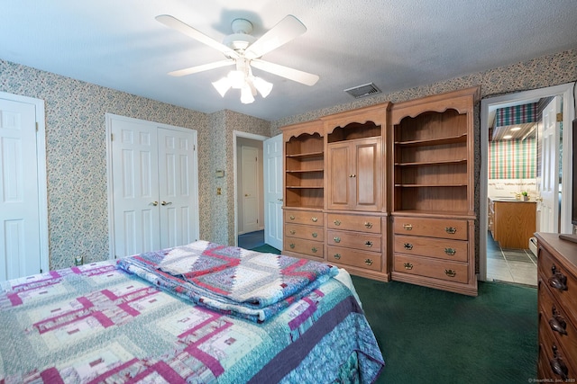 9 Meadowbrook Rd, New Fairfield, CT 06812 - bedroom with wallpapered walls, dark colored carpet, ceiling fan, and a baseboard radiator