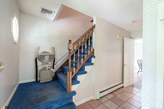 9 Meadowbrook Rd, New Fairfield, CT 06812 - staircase featuring baseboard heating, wallpapered walls, baseboards, and tile patterned floors