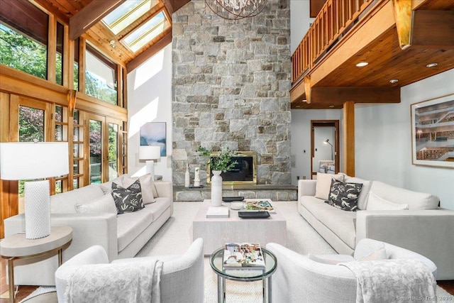 93 Graenest Ridge Rd, Wilton, CT 06897 - living room featuring a high ceiling and a stone fireplace