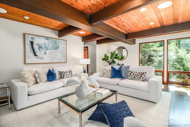 93 Graenest Ridge Rd, Wilton, CT 06897 - living area with wood finished floors, recessed lighting, and wooden ceiling with exposed beams