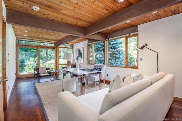 93 Graenest Ridge Rd, Wilton, CT 06897 - living room featuring healthy amount of natural light, wood ceiling with exposed beams, dark wood-style flooring, baseboards, and an office area