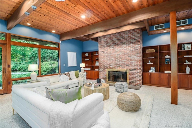 93 Graenest Ridge Rd, Wilton, CT 06897 - carpeted living area featuring wooden ceiling with exposed beams, a fireplace, and recessed lighting