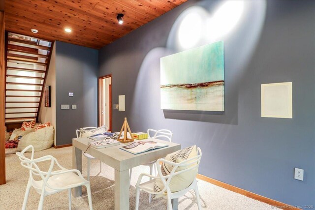 93 Graenest Ridge Rd, Wilton, CT 06897 - carpeted dining area with wooden ceiling, baseboards, stairway, and recessed lighting