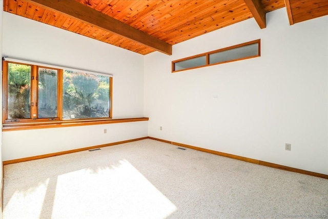 93 Graenest Ridge Rd, Wilton, CT 06897 - unfurnished room featuring wood ceiling with exposed beams, carpet flooring, and baseboards