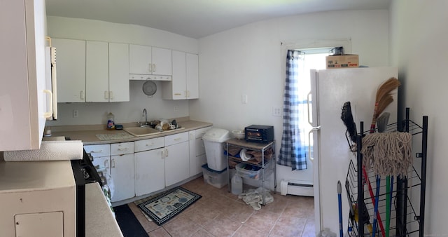 59 Rowan St, Danbury, CT 06810 - kitchen featuring a sink, baseboard heating, light countertops, and white cabinetry