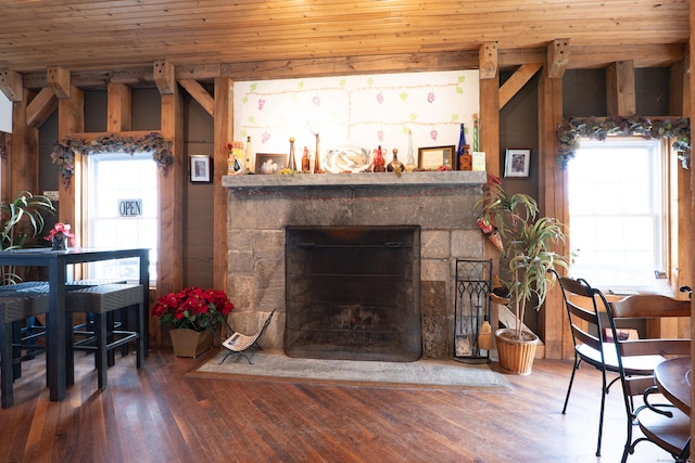 1480 Litchfield Tpke, New Hartford, CT 06057 - living room with wood finished floors, a stone fireplace, and wood ceiling