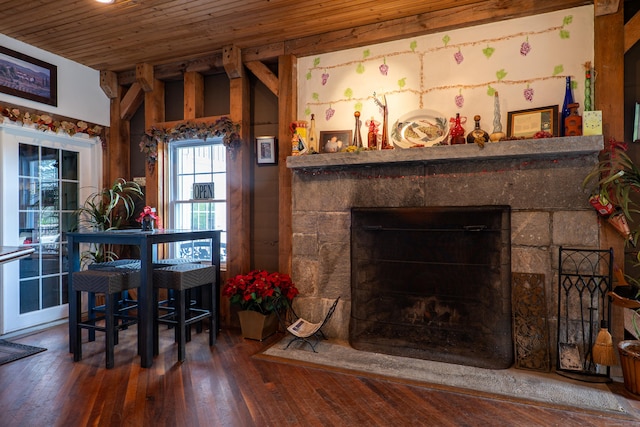 1480 Litchfield Tpke, New Hartford, CT 06057 - living room with wooden ceiling, a fireplace, and hardwood / wood-style floors