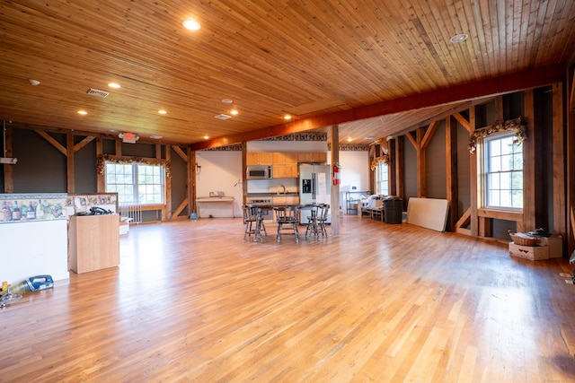 1480 Litchfield Tpke, New Hartford, CT 06057 - dining room with light wood-type flooring, wood ceiling, and recessed lighting