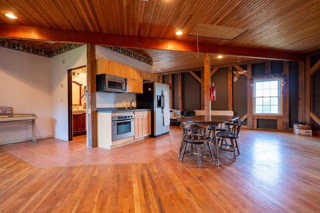 1480 Litchfield Tpke, New Hartford, CT 06057 - kitchen featuring stainless steel appliances, light wood finished floors, wooden ceiling, a sink, and recessed lighting