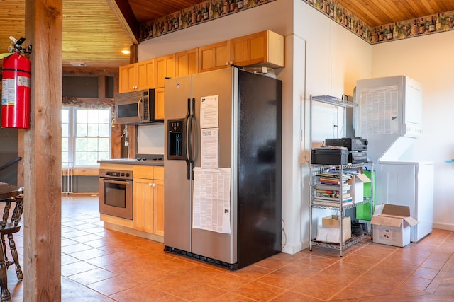 1480 Litchfield Tpke, New Hartford, CT 06057 - kitchen with appliances with stainless steel finishes, wood ceiling, light tile patterned floors, and light brown cabinets