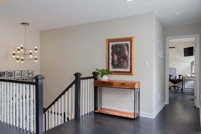 504 Harvest Commons Unit 504, Westport, CT 06880 - corridor with an upstairs landing, wood finished floors, baseboards, a chandelier, and an office area