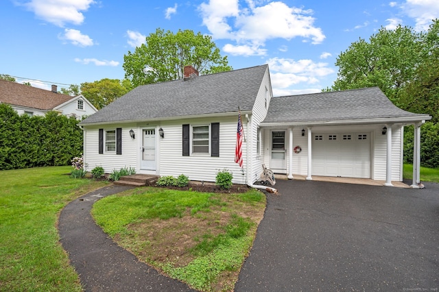 45 S Eagle St, Plymouth, CT 06786 - cape cod home featuring a garage, a chimney, asphalt driveway, a front yard, and roof with shingles