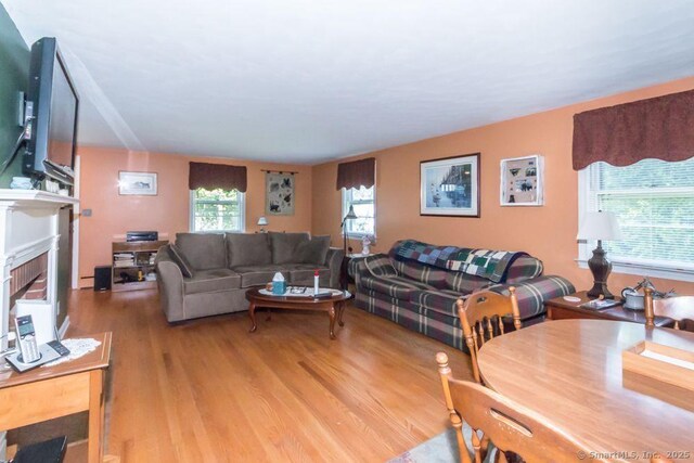 45 S Eagle St, Plymouth, CT 06786 - living area with light wood-type flooring and a fireplace