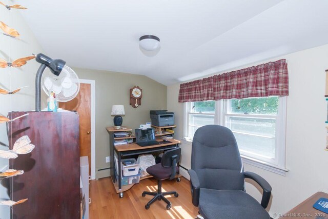 45 S Eagle St, Plymouth, CT 06786 - office area featuring wood finished floors, lofted ceiling, and baseboard heating