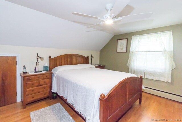 45 S Eagle St, Plymouth, CT 06786 - bedroom featuring light wood-type flooring, lofted ceiling, a baseboard radiator, and ceiling fan
