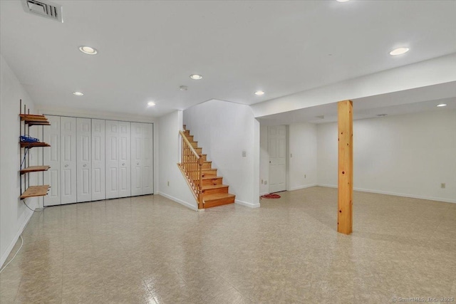 1155 Arbutus St, Middletown, CT 06457 - finished basement with baseboards, stairs, recessed lighting, and tile patterned floors