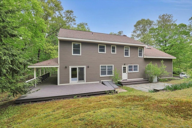 1155 Arbutus St, Middletown, CT 06457 - rear view of property with a lawn, a wooden deck, and roof with shingles