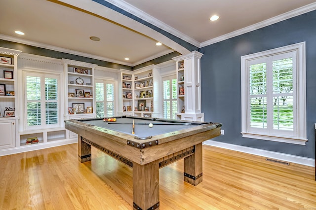 10 Grove Hill Rd, Woodbridge, CT 06525 - rec room with decorative columns, light wood-style floors, crown molding, billiards, and baseboards