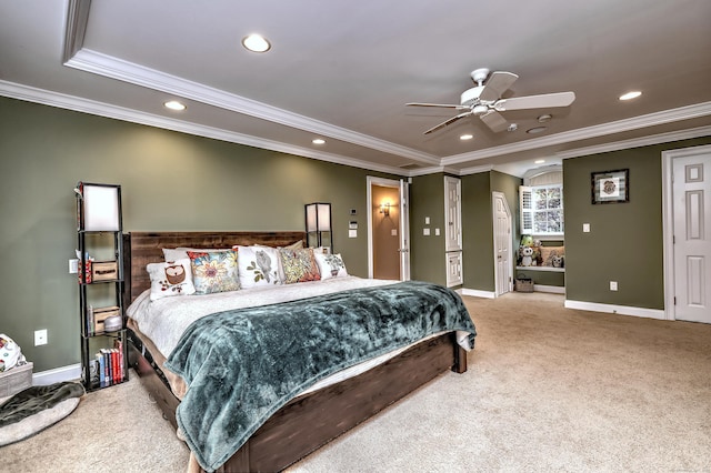 10 Grove Hill Rd, Woodbridge, CT 06525 - bedroom with light carpet, crown molding, recessed lighting, baseboards, and a ceiling fan