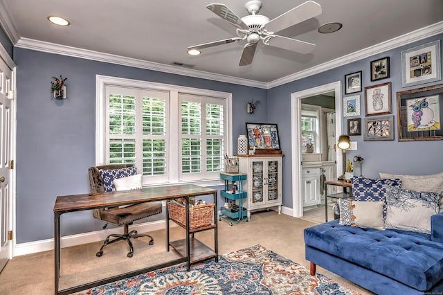 10 Grove Hill Rd, Woodbridge, CT 06525 - home office featuring crown molding, light colored carpet, baseboards, a ceiling fan, and recessed lighting