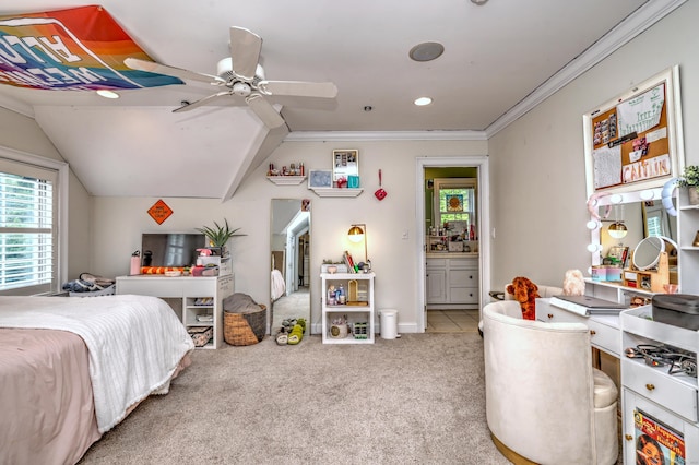 10 Grove Hill Rd, Woodbridge, CT 06525 - carpeted bedroom featuring ensuite bath, ornamental molding, lofted ceiling, and a ceiling fan