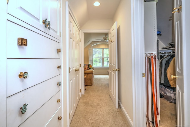 10 Grove Hill Rd, Woodbridge, CT 06525 - corridor featuring light colored carpet, lofted ceiling, and recessed lighting