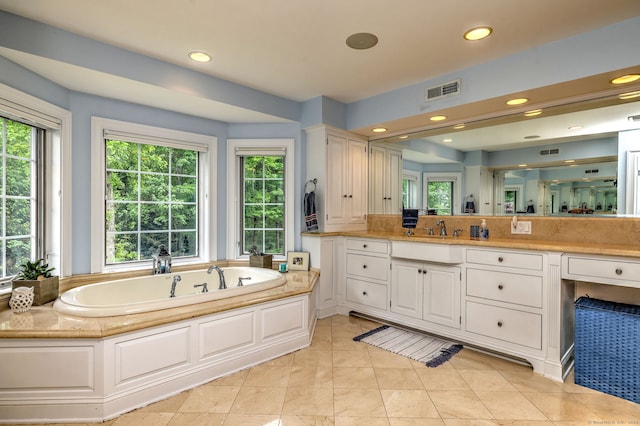 10 Grove Hill Rd, Woodbridge, CT 06525 - bathroom with a bath, vanity, tile patterned floors, and recessed lighting