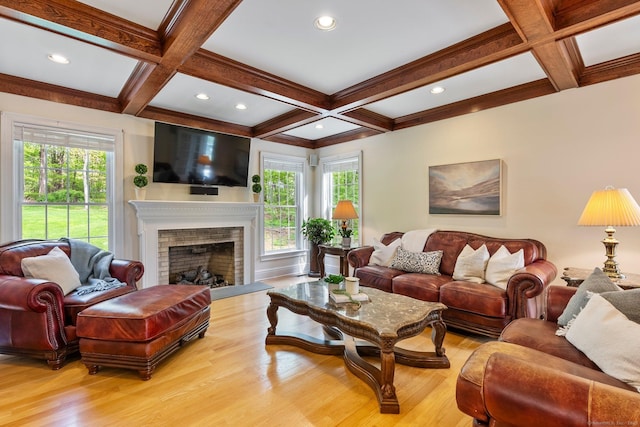 64 Warren Gln, Burlington, CT 06013 - living room featuring coffered ceiling, wood finished floors, beam ceiling, and a fireplace