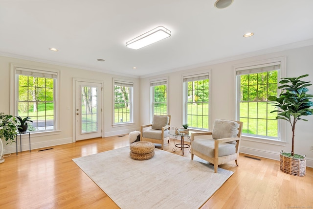 64 Warren Gln, Burlington, CT 06013 - living area featuring ornamental molding, plenty of natural light, light wood finished floors, baseboards, and recessed lighting