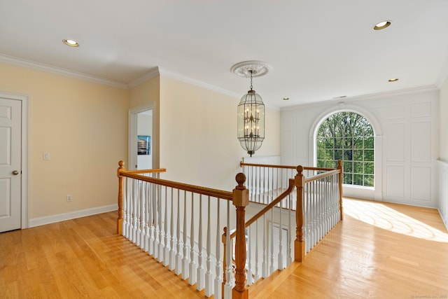 64 Warren Gln, Burlington, CT 06013 - corridor featuring an upstairs landing, light wood-type flooring, a chandelier, ornamental molding, and recessed lighting