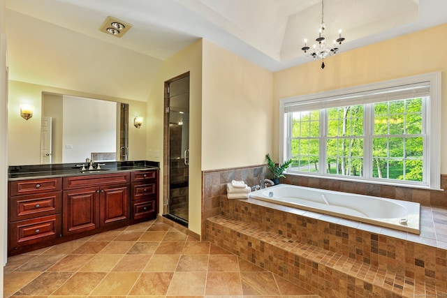64 Warren Gln, Burlington, CT 06013 - bathroom featuring vanity, a chandelier, a bath, a shower stall, and tile patterned floors