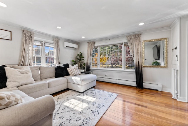 17 Saint Thomas St, Enfield, CT 06082 - living room with an AC wall unit, crown molding, plenty of natural light, a baseboard radiator, and wood-type flooring