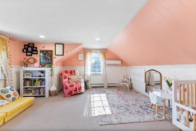 17 Saint Thomas St, Enfield, CT 06082 - playroom featuring baseboard heating, carpet flooring, a wall unit AC, lofted ceiling, and recessed lighting