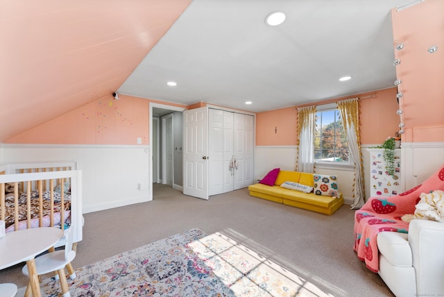 17 Saint Thomas St, Enfield, CT 06082 - carpeted bedroom featuring a wainscoted wall, vaulted ceiling, recessed lighting, and a closet