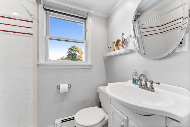 17 Saint Thomas St, Enfield, CT 06082 - full bath featuring ornamental molding, curtained shower, baseboard heating, toilet, and vanity