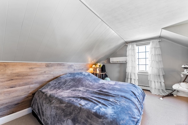 17 Saint Thomas St, Enfield, CT 06082 - carpeted bedroom with wooden walls, vaulted ceiling, and a wall unit AC
