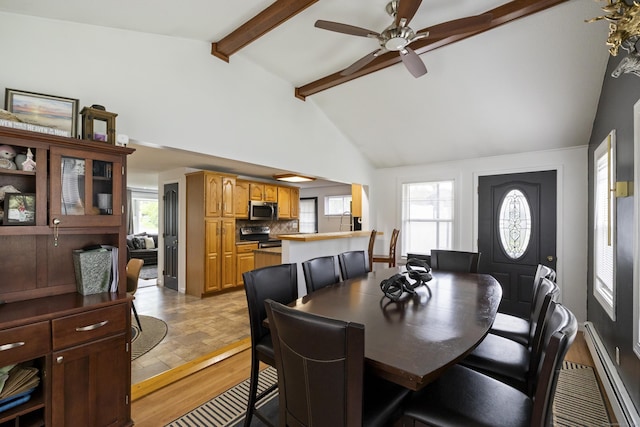 53 Roosevelt Blvd, Enfield, CT 06082 - dining space featuring beam ceiling, ceiling fan, baseboard heating, light wood finished floors, and high vaulted ceiling