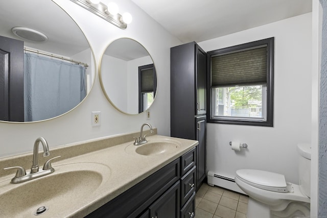 53 Roosevelt Blvd, Enfield, CT 06082 - full bathroom featuring tile patterned floors, toilet, a baseboard radiator, and double vanity