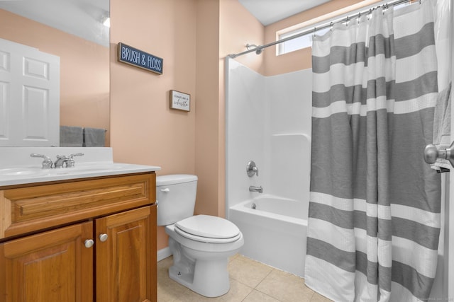 full bath featuring toilet, tile patterned flooring, vanity, and shower / bathtub combination with curtain