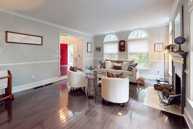 3 Inwood Ln, Woodbury, CT 06798 - living area with dark wood-style floors, crown molding, and a fireplace