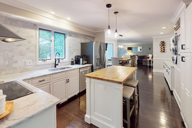 3 Inwood Ln, Woodbury, CT 06798 - kitchen with appliances with stainless steel finishes, butcher block counters, open floor plan, ornamental molding, and dark wood-style floors