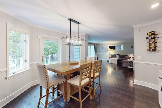 3 Inwood Ln, Woodbury, CT 06798 - dining area with dark wood-type flooring, healthy amount of natural light, crown molding, a chandelier, and recessed lighting