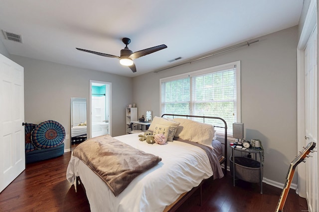3 Inwood Ln, Woodbury, CT 06798 - bedroom with dark wood-type flooring, ceiling fan, and connected bathroom