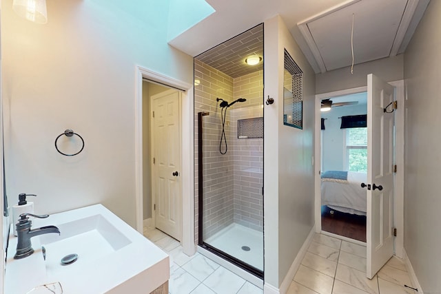 3 Inwood Ln, Woodbury, CT 06798 - full bath featuring marble look tiles, a shower stall, ensuite bath, and vanity