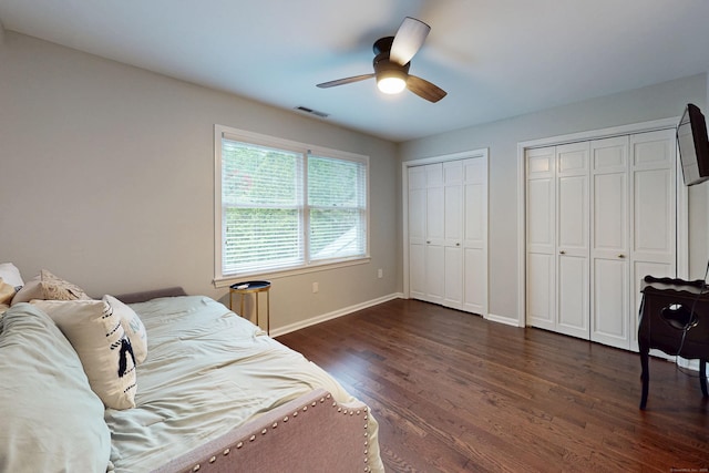 3 Inwood Ln, Woodbury, CT 06798 - bedroom featuring two closets, dark wood-style flooring, and ceiling fan